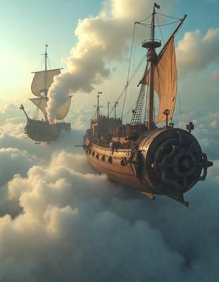 The primary subject of the image is a large, old-fashioned sailing ship flying through the sky. The ship is surrounded by a cloudy, whimsical atmosphere. The setting is a sky filled with clouds, creating a sense of adventure and fantasy. The visual style is a combination of digital art and illustration, giving the image a unique and imaginative appearance. The colors and mood are predominantly dark and moody, with the clouds and the ship's presence creating a sense of mystery and wonder